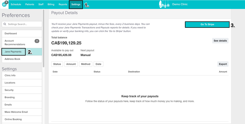 An image of the navigational steps within the Jane account to access the stripe dashboard