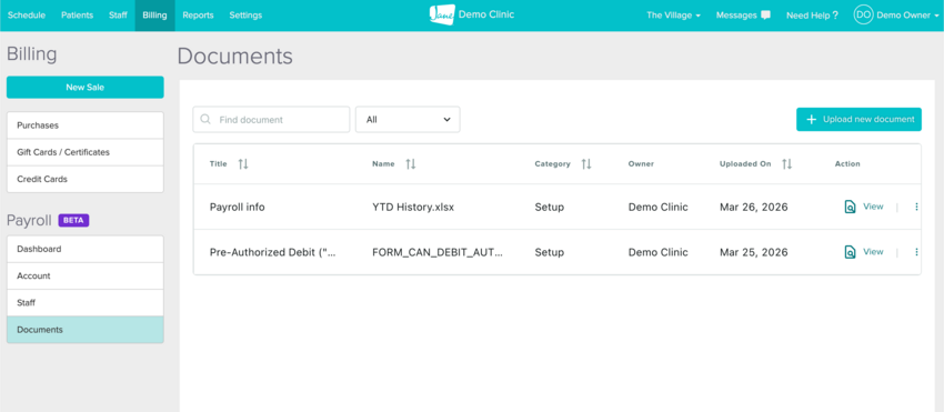 The Documents area in the Billing tab