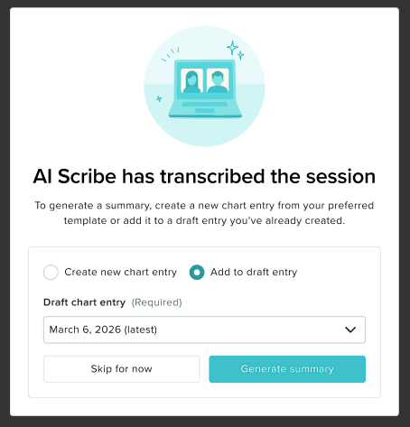 The transcription module with two buttons, the first reads create a new chart entry and the second reads add to chart draft.