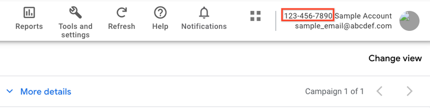 A Google Ads account page with the 10 digit number circled in the upper-right corner of the screen