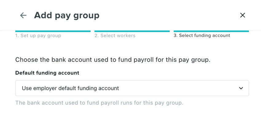 The bank account selection screen for the Pay Group