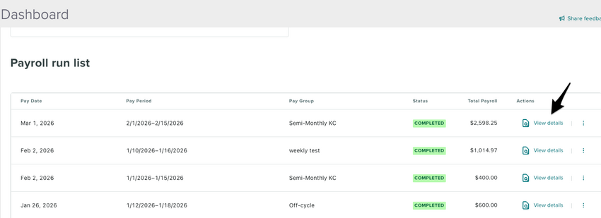 The Payroll Run List showing the View Details button