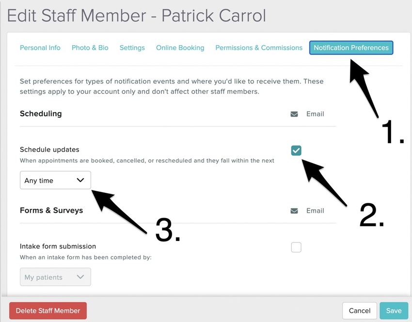 the notification preferences tab in a staff profile's settings