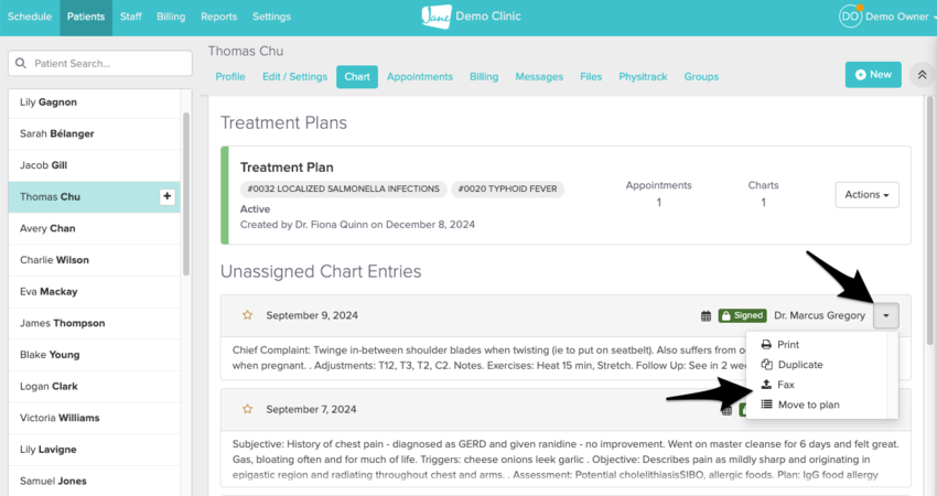 The chart entry dropdown menu with Fax selected