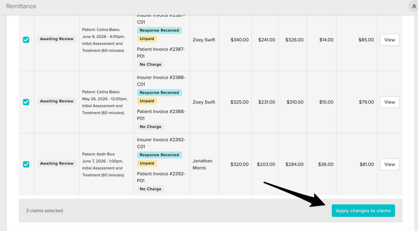 The Apply changes to claims button underneath the claim responses area