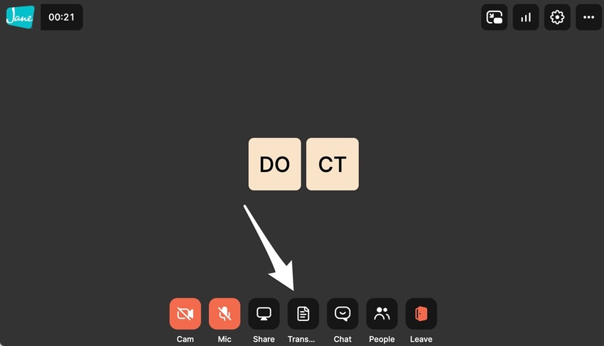 The practitioner's view within a call. The Transcribe button is along the bottom of the screen