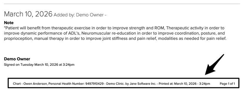 A PDF chart export showing the customized footer at the bottom of the page