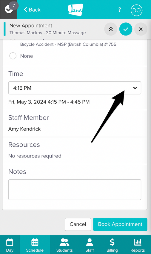 Screenshot of booking an appointment on a mobile device