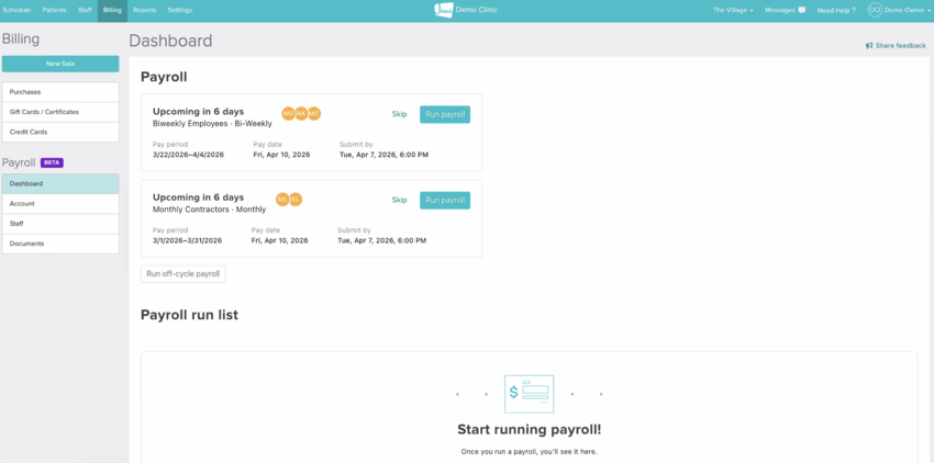 The Dashboard showing pay groups with Run Payroll buttons and the payroll run list below