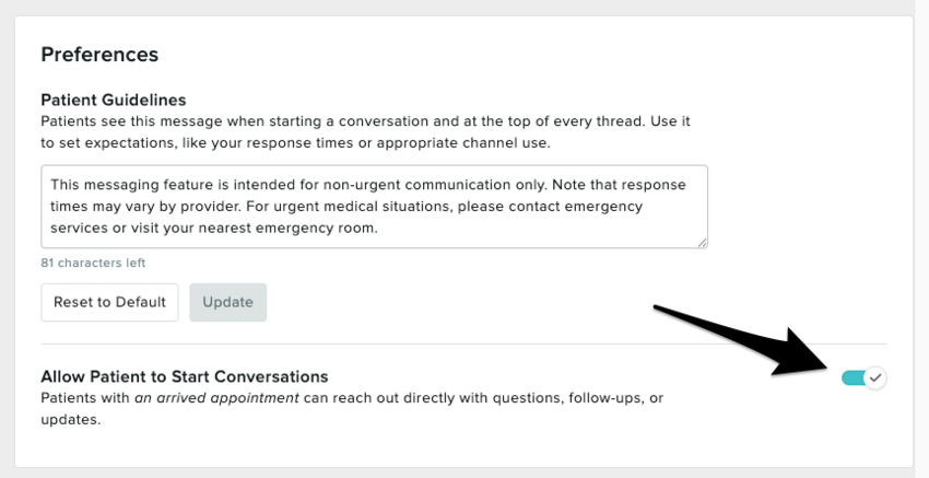 the Messages tab showing the Allow Patients to start conversations toggle turned on