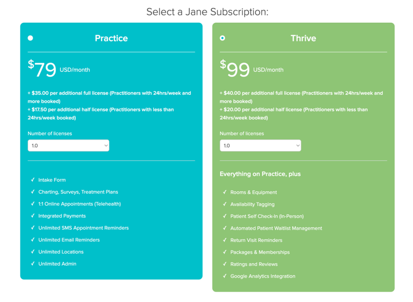 screenshot of where to select the plan type and update the Jane license count