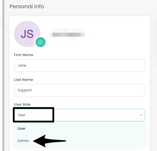 The User Role dropdown with Admin selected and the Save button visible