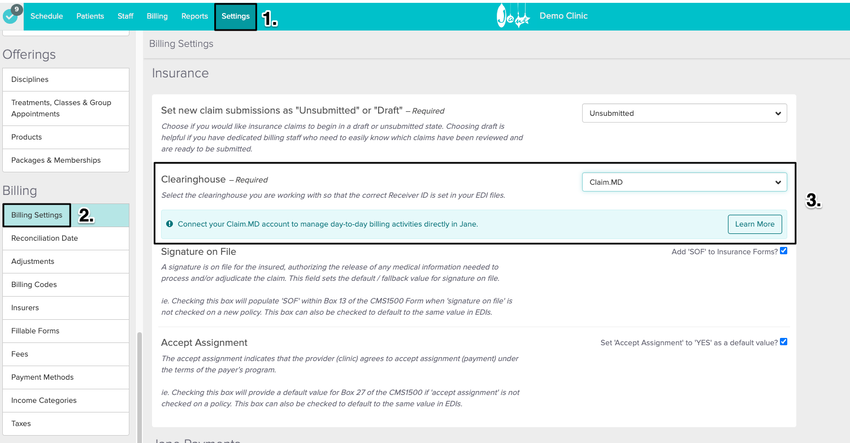 An image of the navigational steps to view and update the clearing house under the Billing Settings