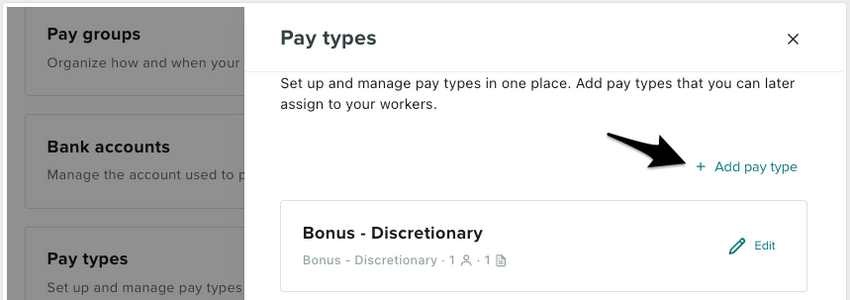 The Pay Types section with + add pay type clickable text highlighted