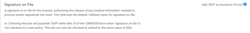 An image off the Signature on File section within the Billing Settings area for us based clinics handling insurance claims