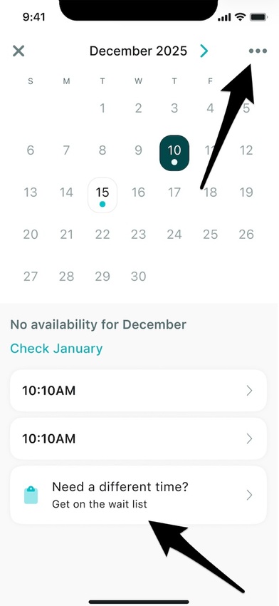 The mobile app's appointment date selection screen
