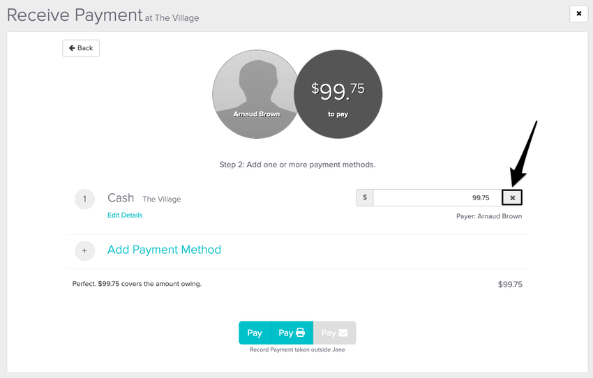 An image of where the X is located beside a payment method once on the second receive payment screen