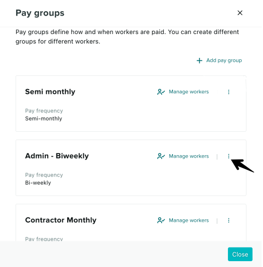 The Pay Groups list showing the three dots menu beside a Pay Group
