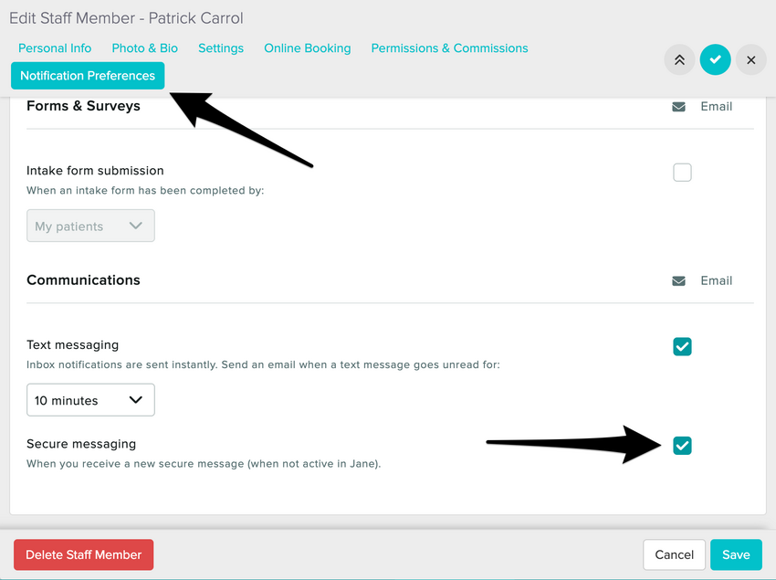 The Settings area of a staff profile showing the notification preferences tab