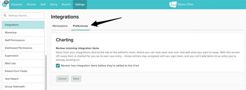 The Preferences tab in the integrations area