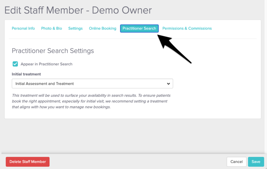 A staff profile's Practitioner Search tab