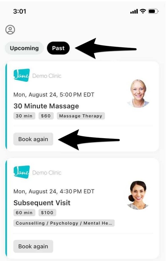 the appointments tab with the past appointments filter selected