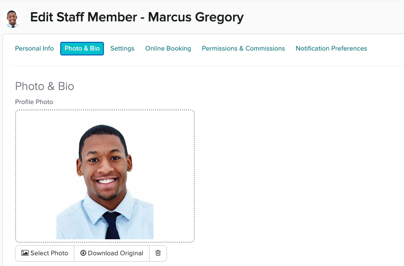 The Photo & Bio tab on a staff profile showing an uploaded profile photo with Select Photo, Download Original, and delete icon options.