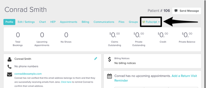 The fullscript tab on a patient's profile