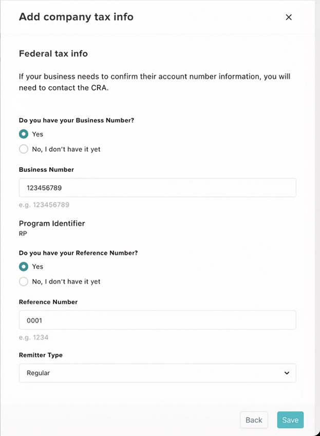 The Federal Tax Info screen showing the Business Number, Reference Number, and Remitter Type fields