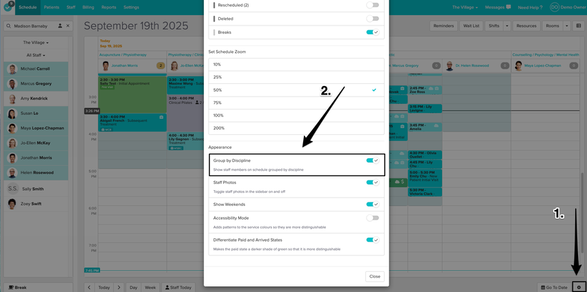 An image of the navigational steps to update the staff order on the administrative schedule