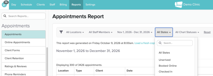 The Appointments Report with the date range starting November 1, 2026 and the All States filter set to Booked Online