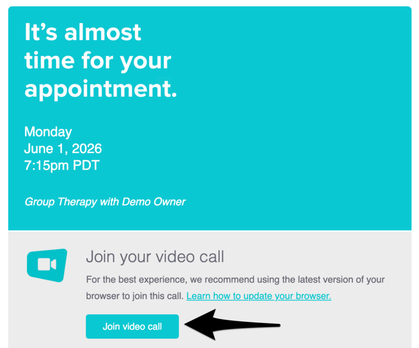 An appointment reminder email showing the Join Video Call button