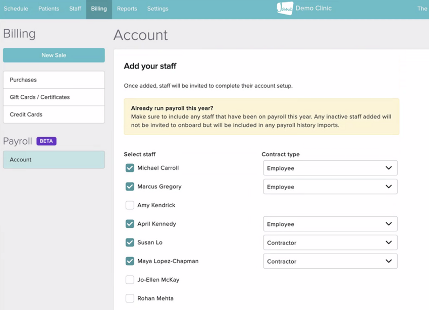 The staff selection screen showing the contract type drop-down