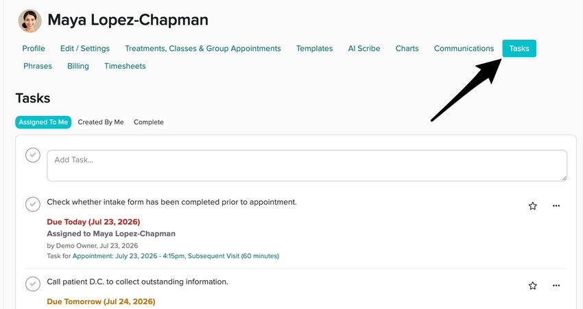 A staff profile with the tasks tab selected