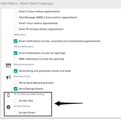 The Do Not Text and the Do Not Email checkbox disabled under the Reminders section of the patient profile.