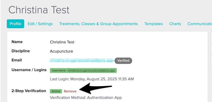 The 2-Step Verification section of a staff member's profile with the Remove option next to the Active badge