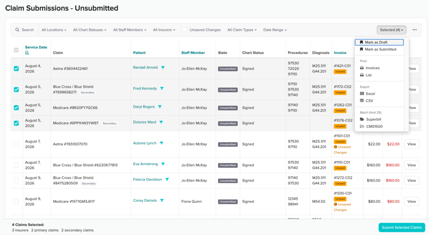 The Selected drop-down in the Unsubmitted folder showing Mark as Submitted, with CMS1500 listed under Batch (limit 25)