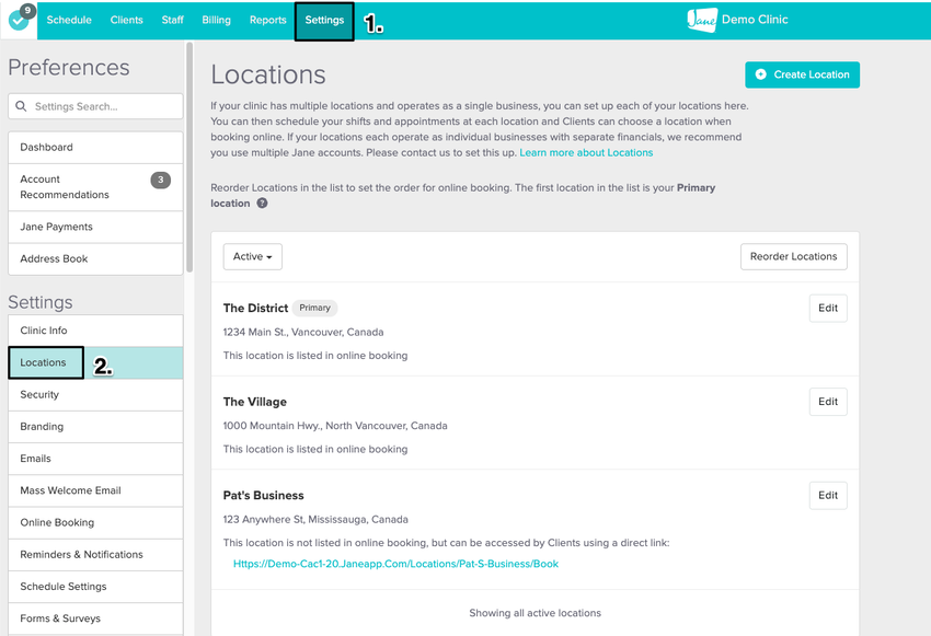 an image showing the navigation to the locations section within the settings tab