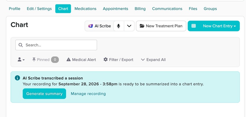 The AI Scribe transcribed a session notice with Generate Summary and Manage Recording options