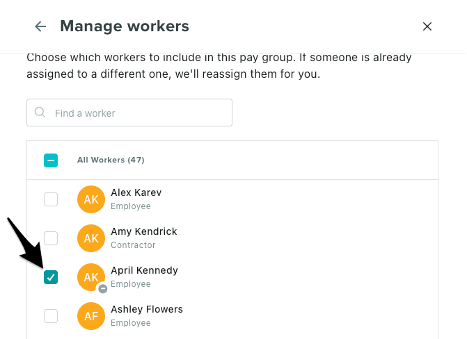 The Manage Workers screen with the staff member unchecked