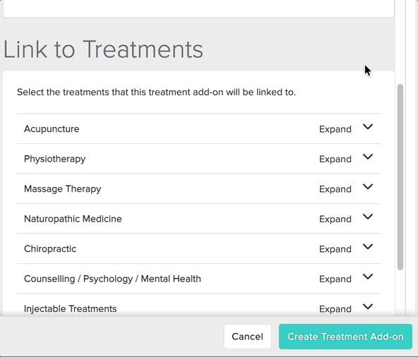 disciplines and treatment checkboxes for add-on availability