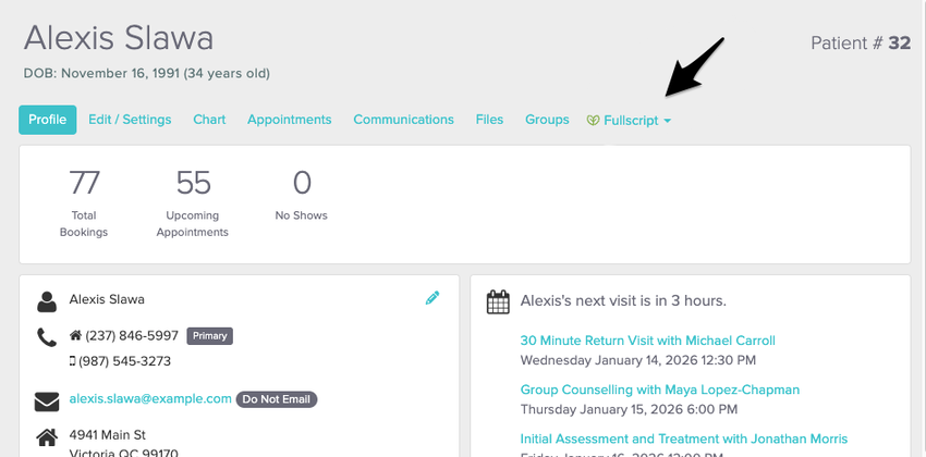 the fullscript tab in a patient's profile