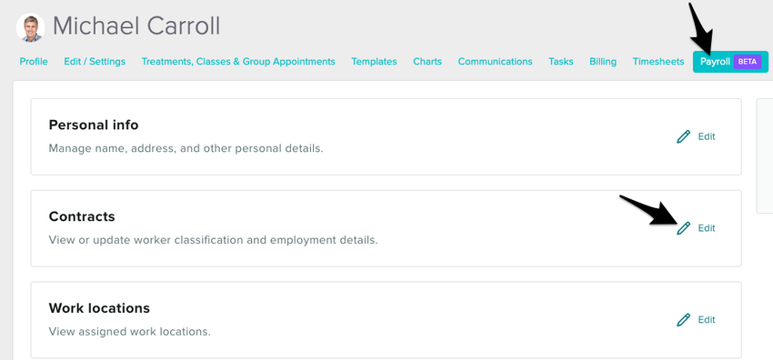 The Payroll tab showing the Edit button next to Contracts