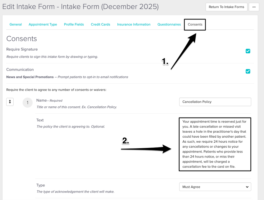 An image in the consents area of an intake form