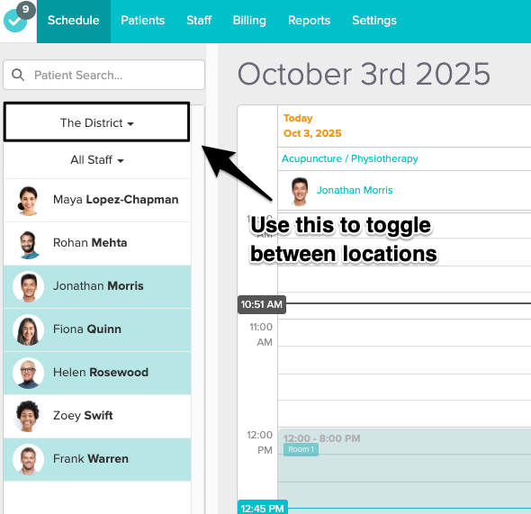 An image of where to toggle between locations on the Schedule tab