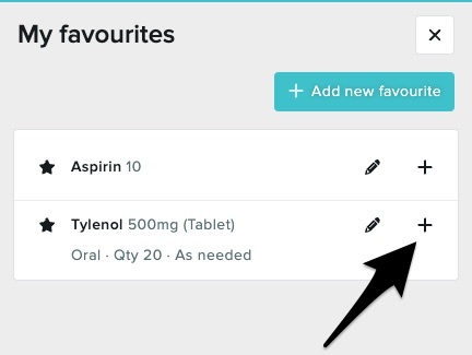 The favourites list open with a plus sign next to each favourited medication