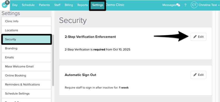 The settings menu with the security option selected