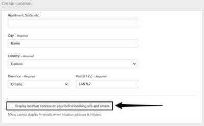 An image of where to view and update the setting for the visibility on the online booking site for the location