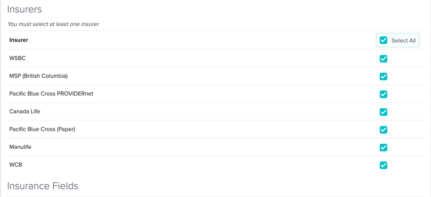 The insurer list in the intake form editor, showing individual insurer toggles and a Select All option