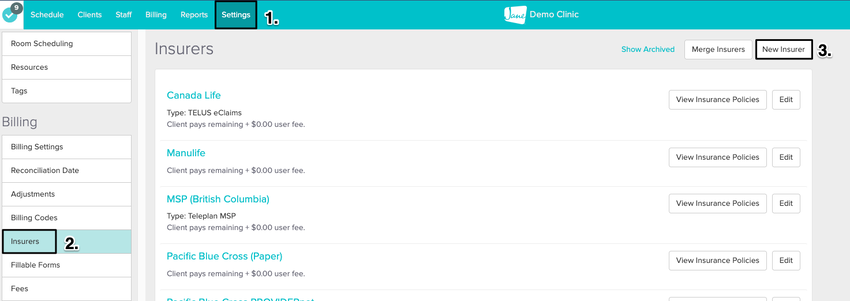 an image of the navigational steps on getting started with creating Canadian insurers in Jane